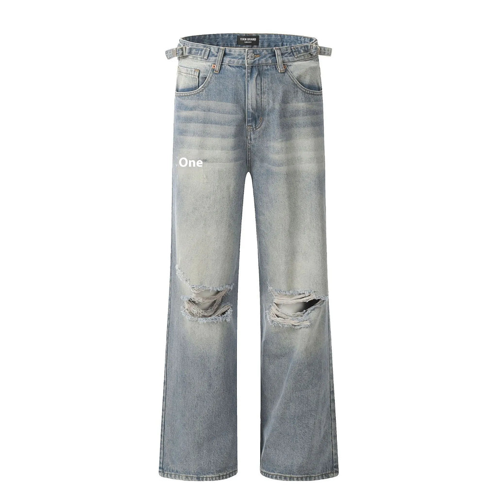 Men's blue straight-leg jeans with retro ripped distressing on the legs