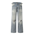 Men's blue straight-leg jeans with retro ripped distressing on the legs