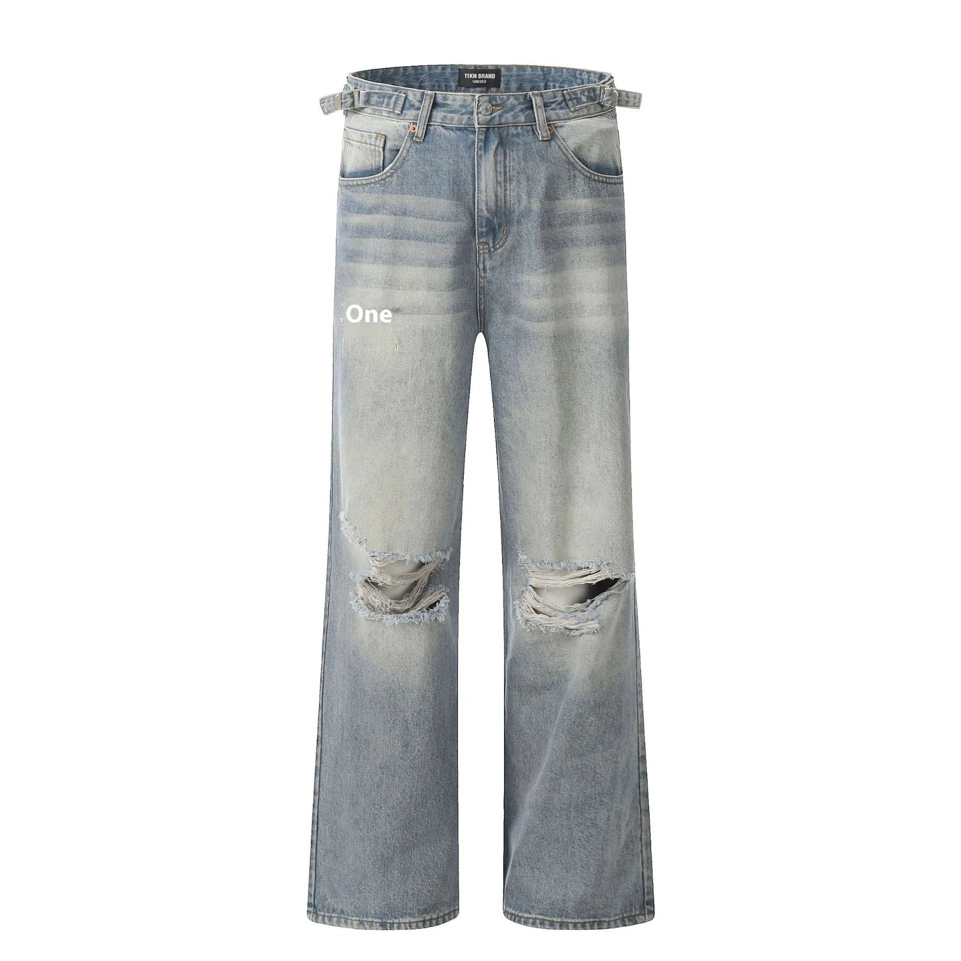 Men's blue straight-leg jeans with retro ripped distressing on the legs