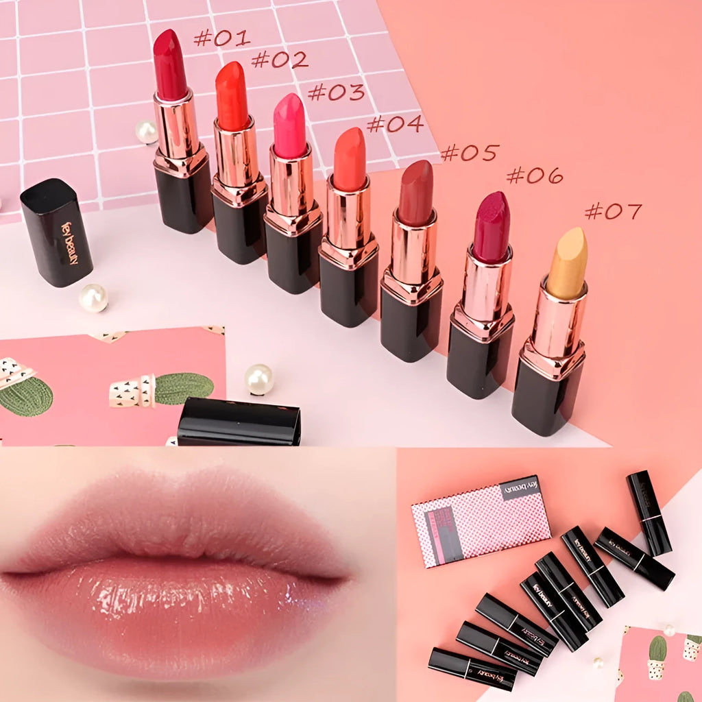 Fey Beauty Cameo Brown non-fading lipstick open and closed, showing nude shade and case.