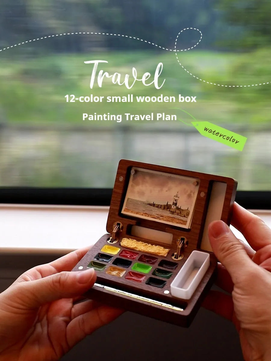 Mini walnut wooden watercolour paint box with leather case and pigment colour selection