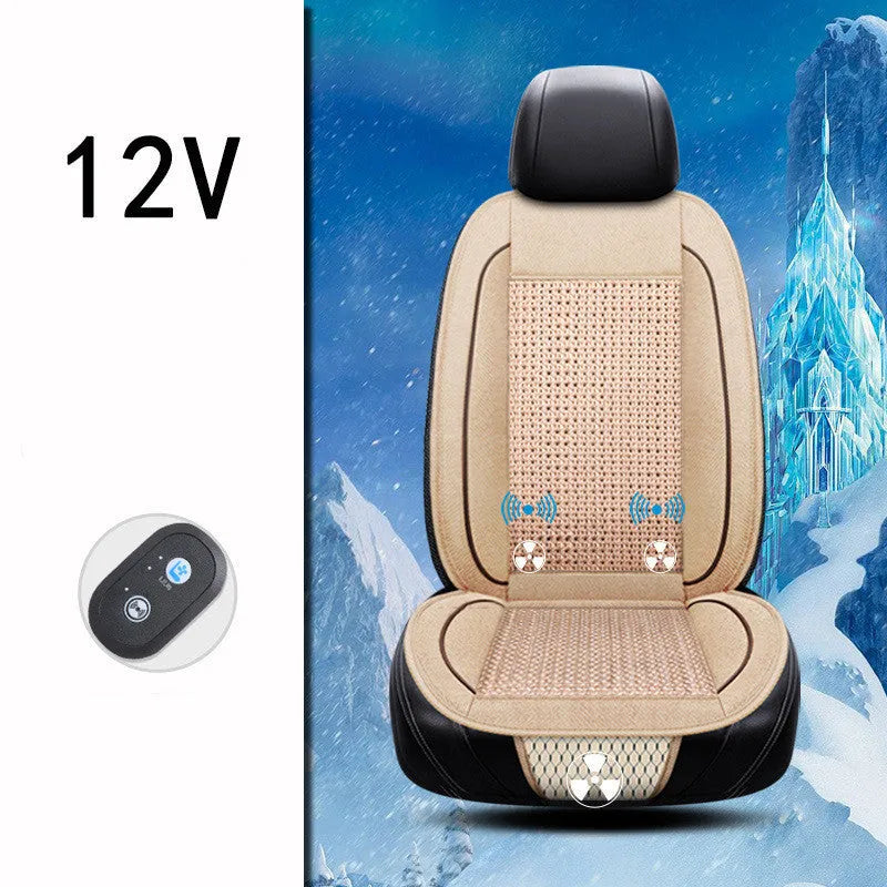 Black car ventilation seat cushion with massage function showing 60x60cm dimensions on car seat