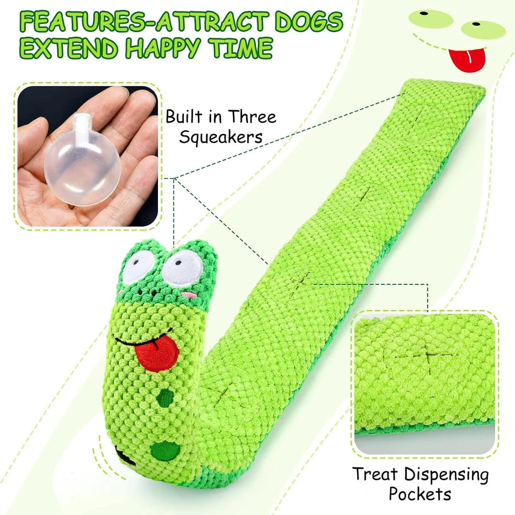 Thick velvet dog puzzle toy with squeaker in snail shape showing hidden food holes