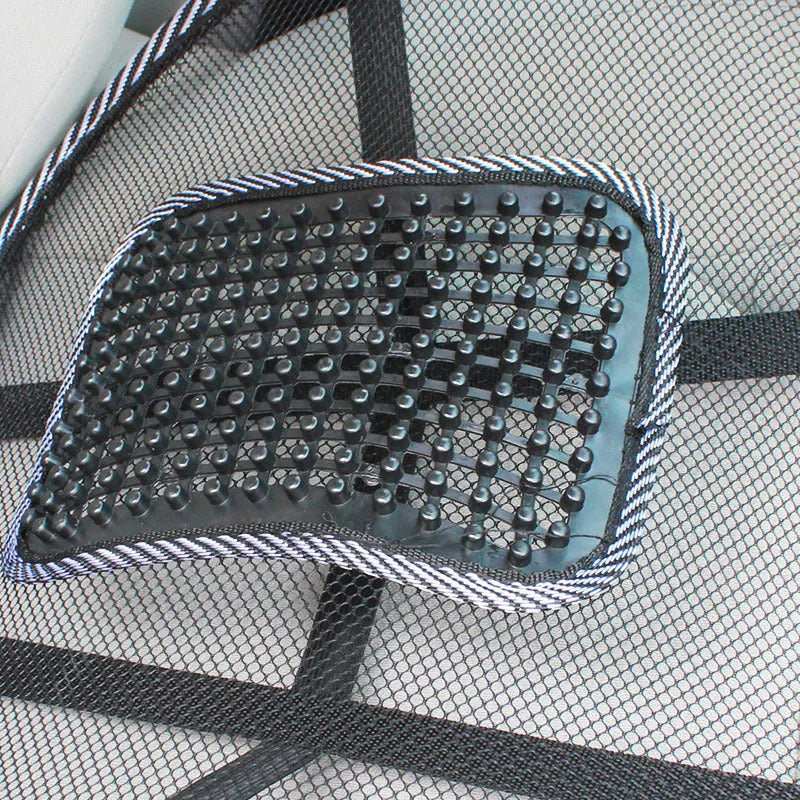 Black car lumbar support pillow with steel wire frame measuring 41cm by 39cm