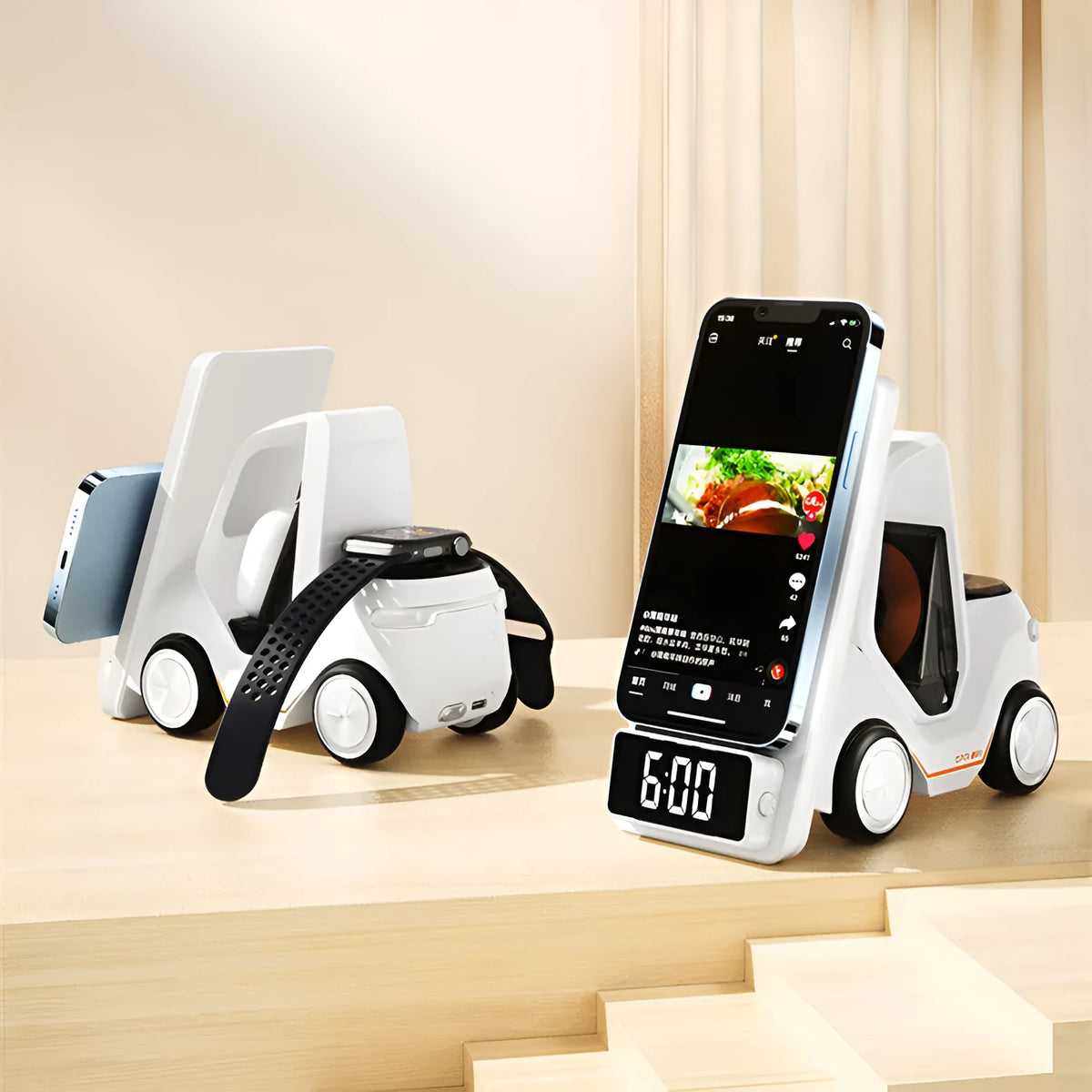15W three-in-one wireless charging bracket for mobile phones in grey white yellow orange colours