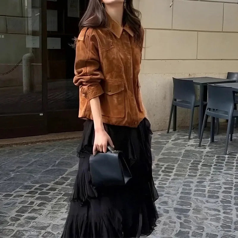 Women's brown suede coat with regular sleeves in street chic style, polyester fabric