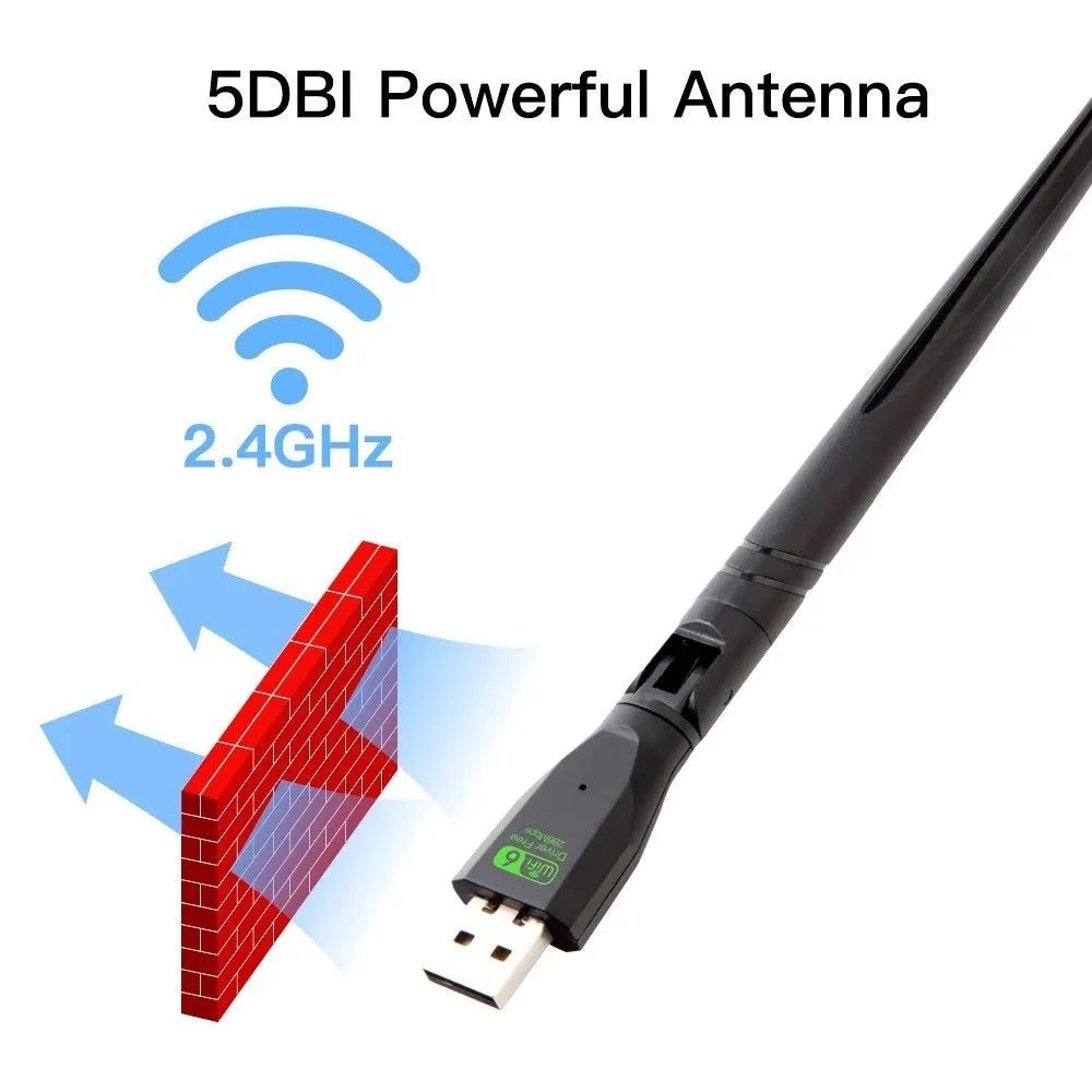 Black USB WiFi6 wireless network card with receiver and transmitter functions