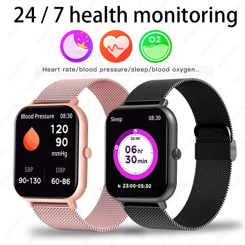 Smart watch with AMOLED screen showing health metrics including heart rate and blood oxygen levels