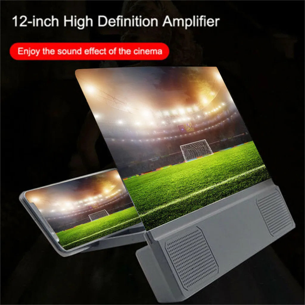 12-inch foldable mobile phone screen amplifier with flexible gooseneck and built-in speakers.