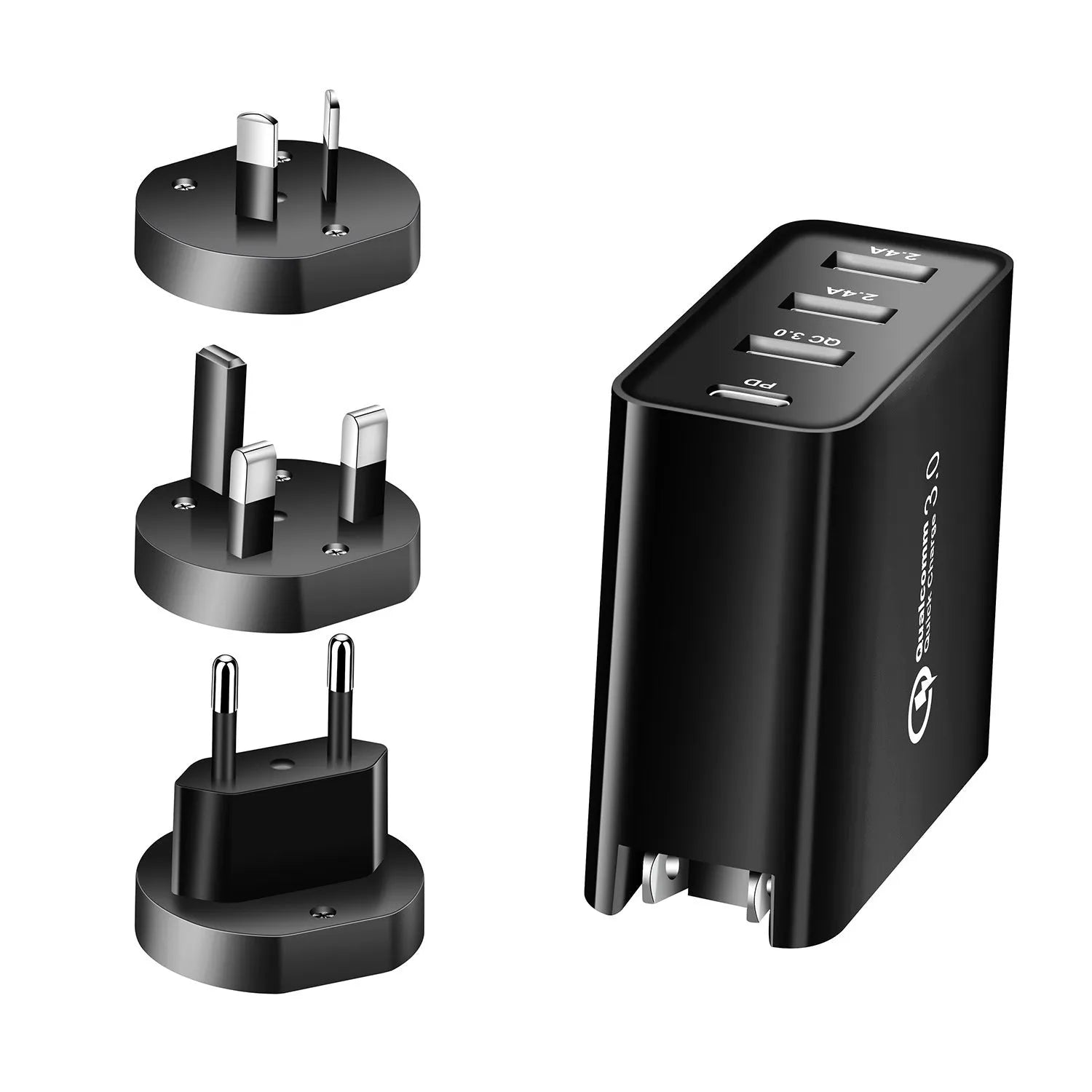 Black 48W four-port USB-C desktop charger with UK plug on a white background.