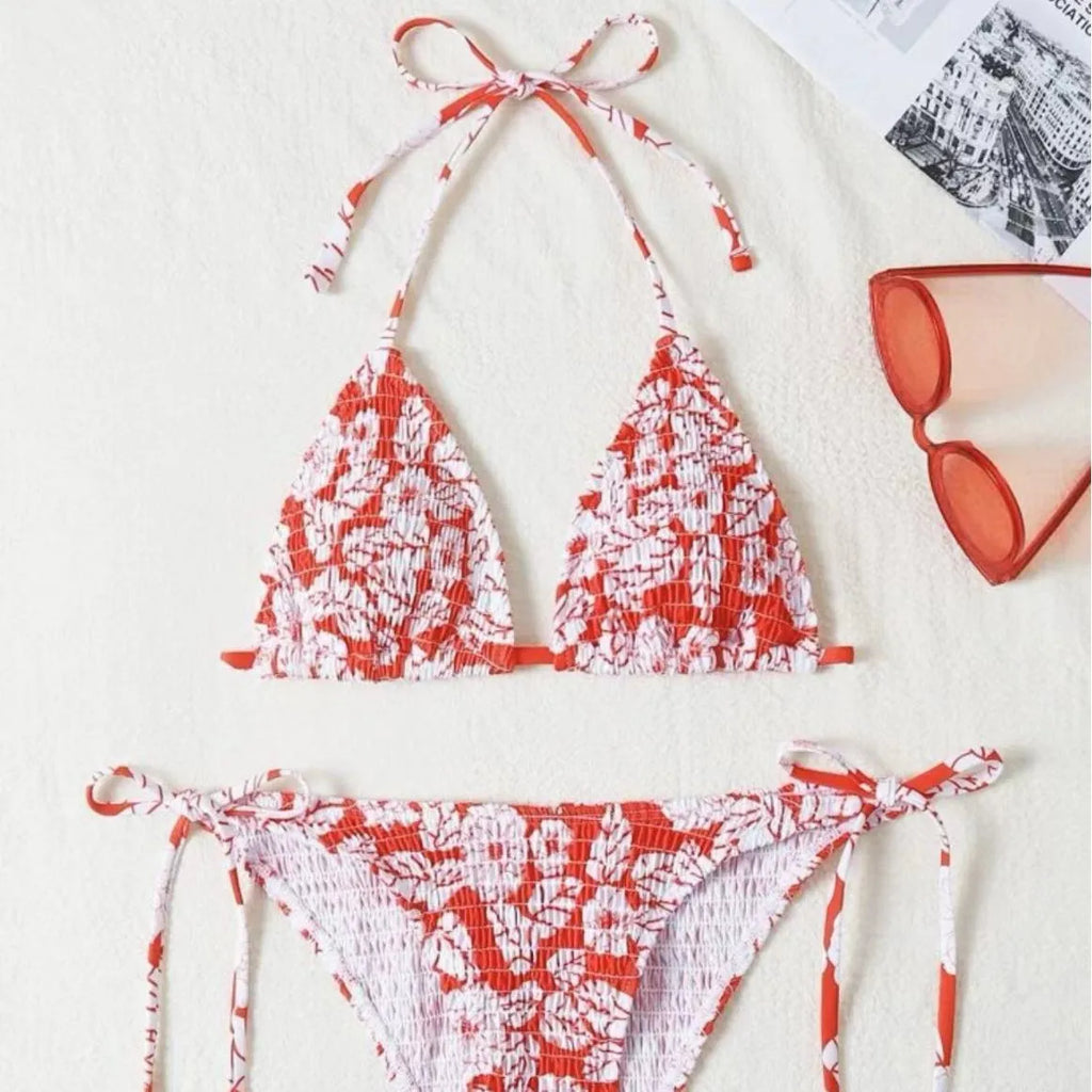 Women's halter swimsuit bikini set with floral pattern briefs in multiple colour options.