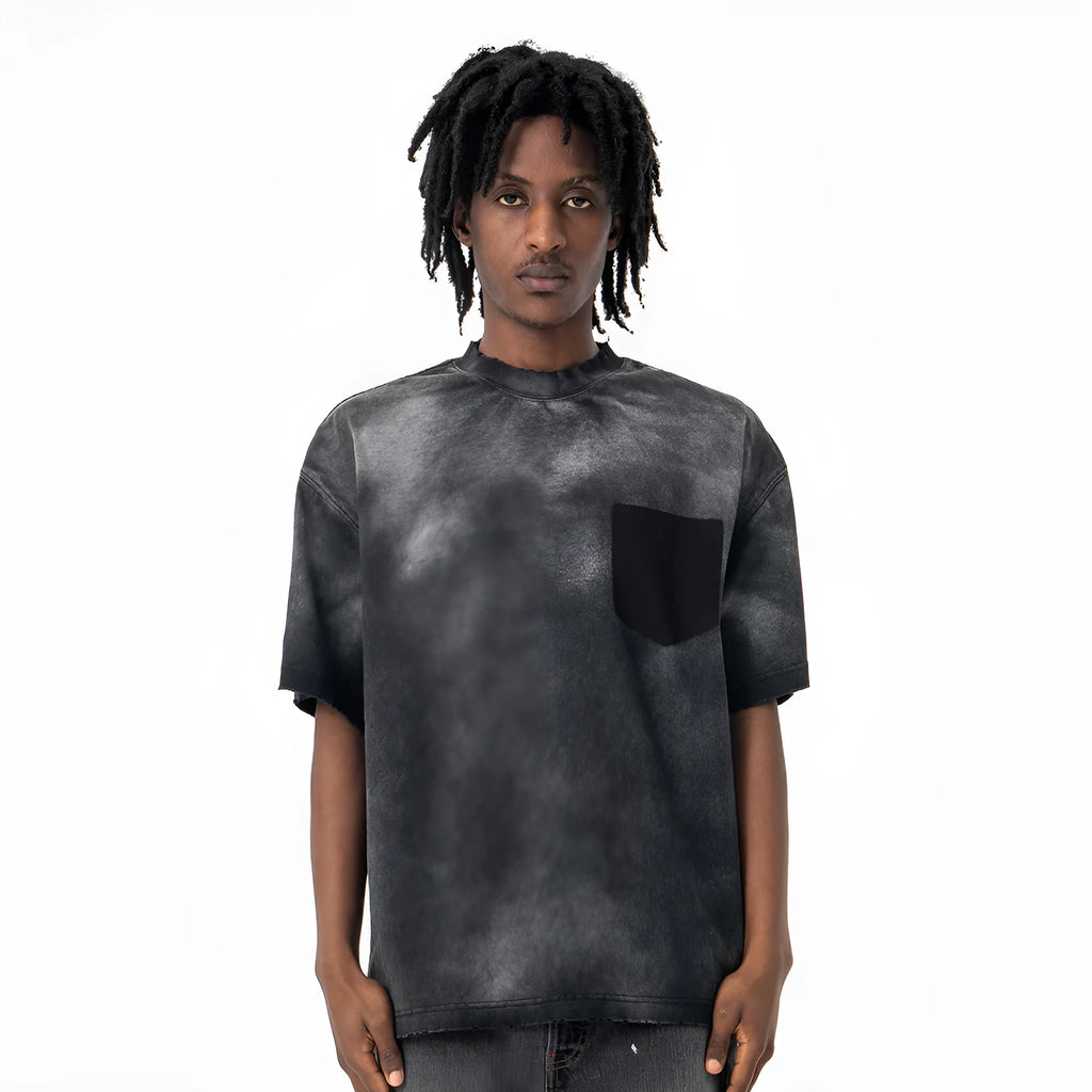 Men's black loose fit cotton t-shirt with drop shoulder sleeves and letter pattern printing