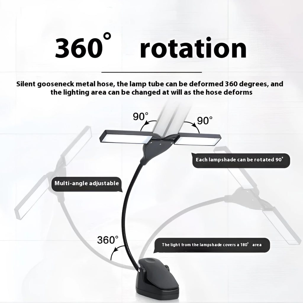 Black rechargeable music stand lamp with 28 LEDs on a music stand next to sheet music