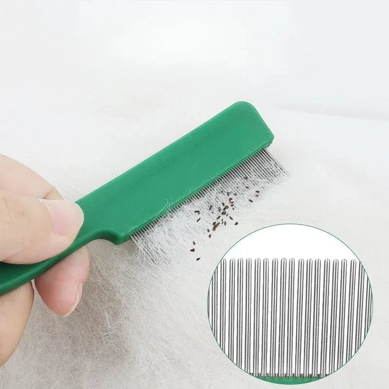 Green plastic-handled pet comb with stainless steel pins for flea and hair removal.