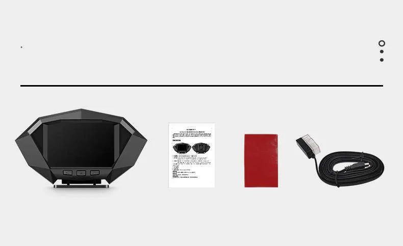 Black vehicle HUD head-up display unit with LCD screen, OBD cable, and anti-slip pad.