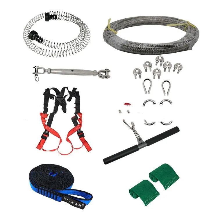 XYL Ziptreck children's 10m outdoor pulley slide rope kit with handle, retractor, and alloy steel components.
