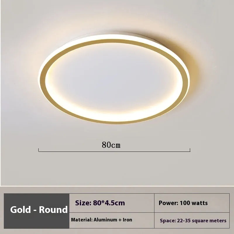Modern minimalist circular LED ceiling lamp in black, gold, or white finish, shown in 60cm and 80cm sizes.