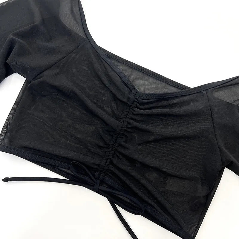 Black mesh women's bikini four-piece swimwear set with long sleeves