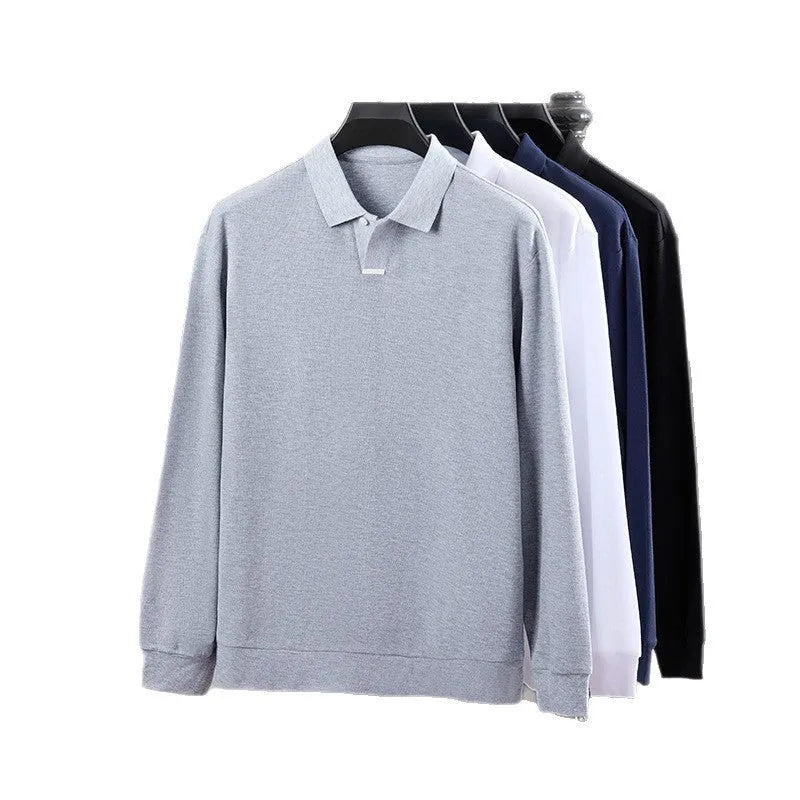 Men's grey cotton polo shirt with asymmetric lapels and long sleeves in loose fit