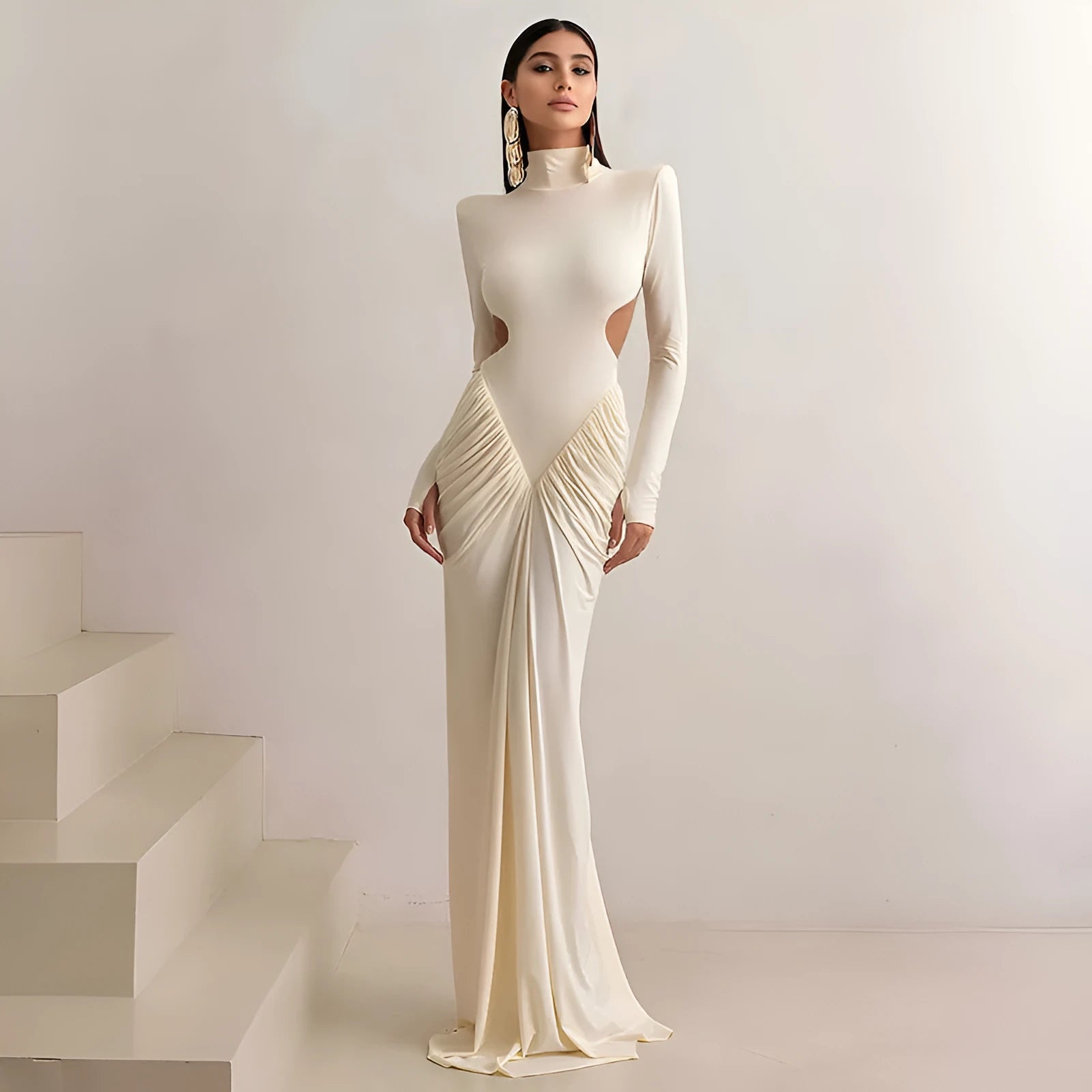 Long sleeve high collar slim fit dress with pleated backless design in polyester fabric