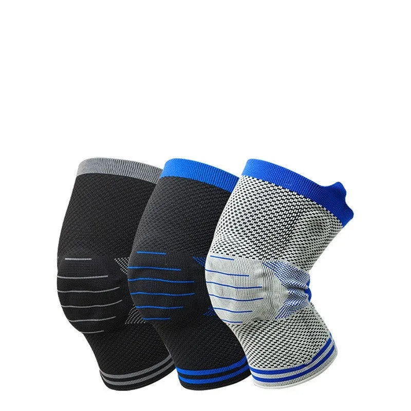 Silicone massage spring bar knee protector in cotton, shown in black and blue colour on a leg.