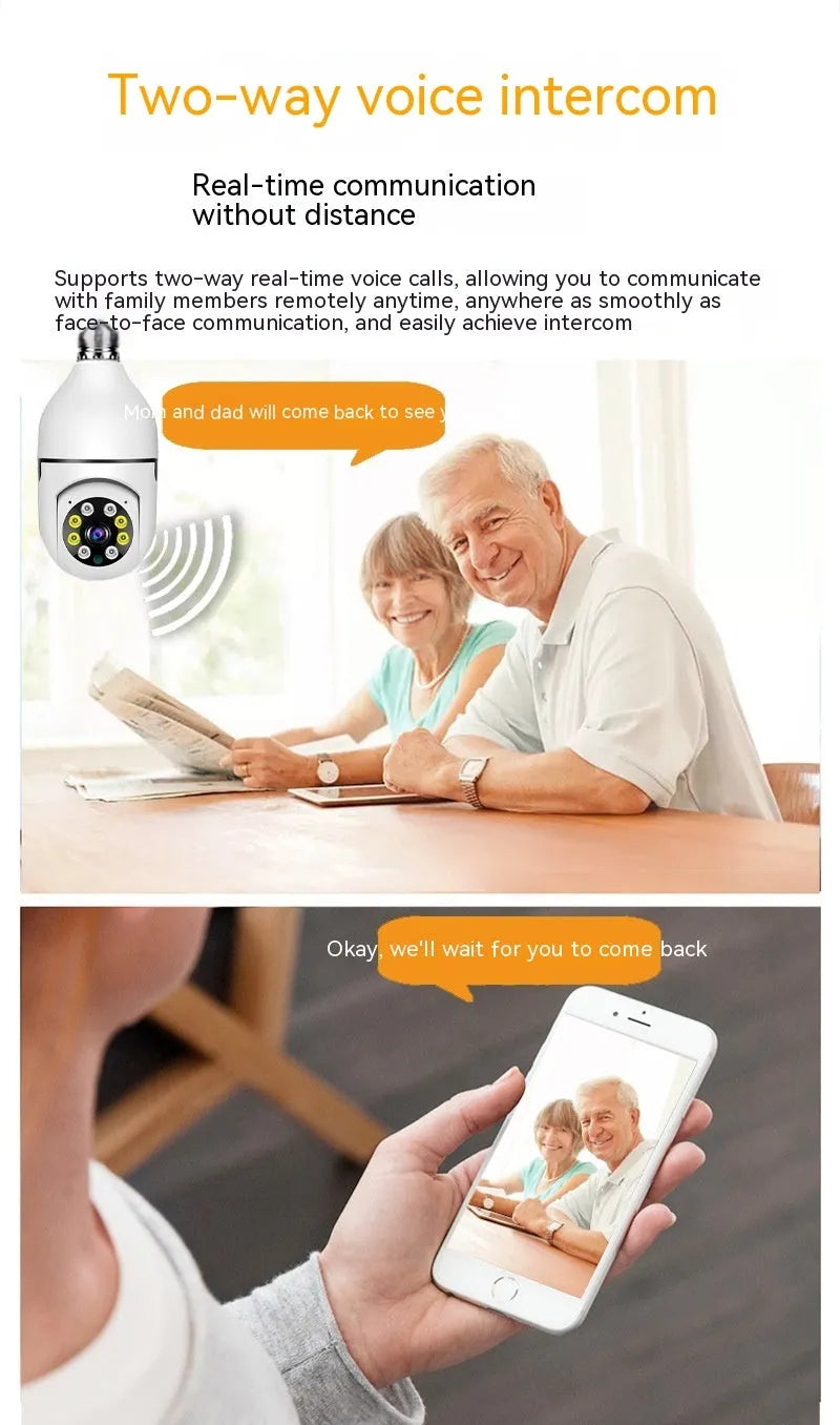 Wireless WiFi bulb security camera with plastic and metal housing measuring 5cm by 12cm
