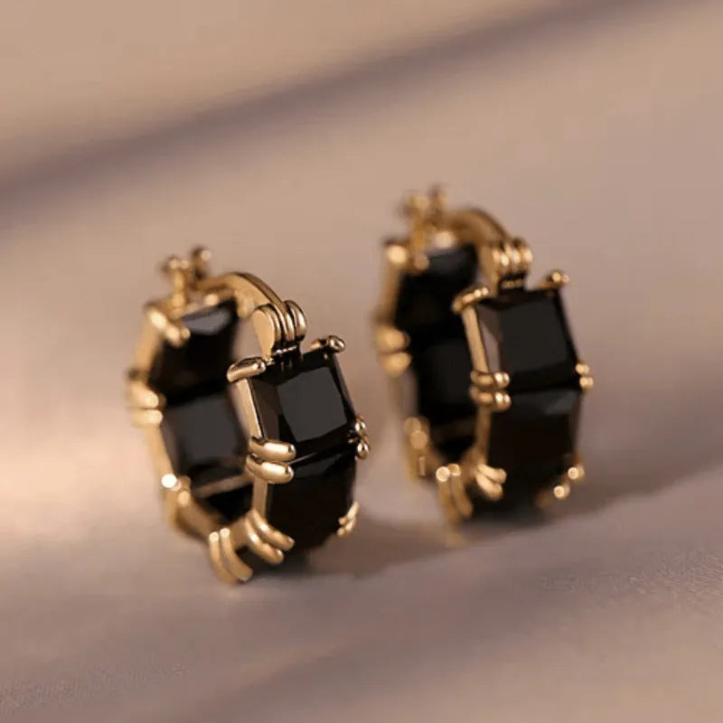Geometric U-shaped gold-plated earrings with crystal zirconium decoration in black, pink or white options