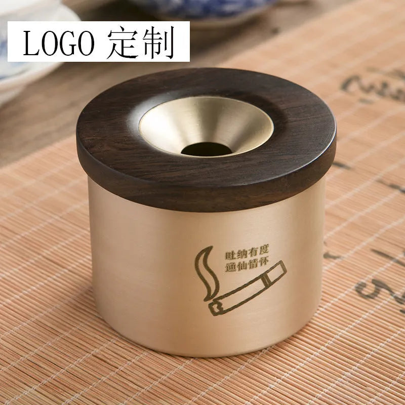 Solid copper retro ashtray with a wooden lid in black or rosewood, showing central air hole.