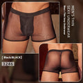Men's black nylon boxer briefs laid flat, showing low-rise waistband and leg openings.