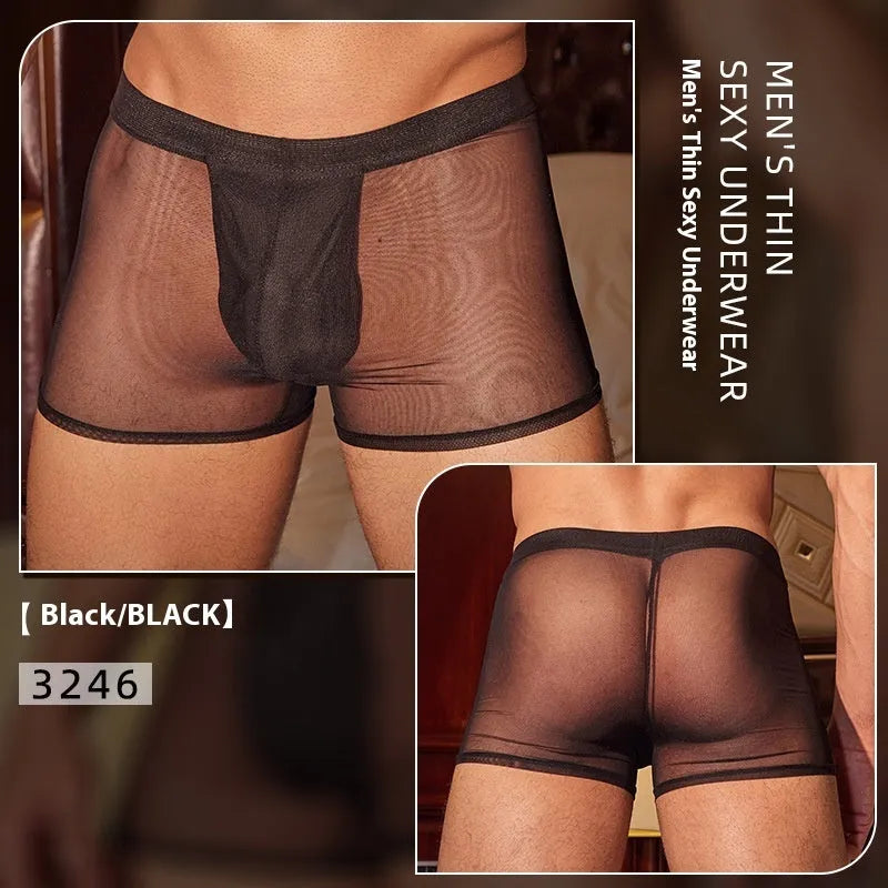 Men's black nylon boxer briefs laid flat, showing low-rise waistband and leg openings.
