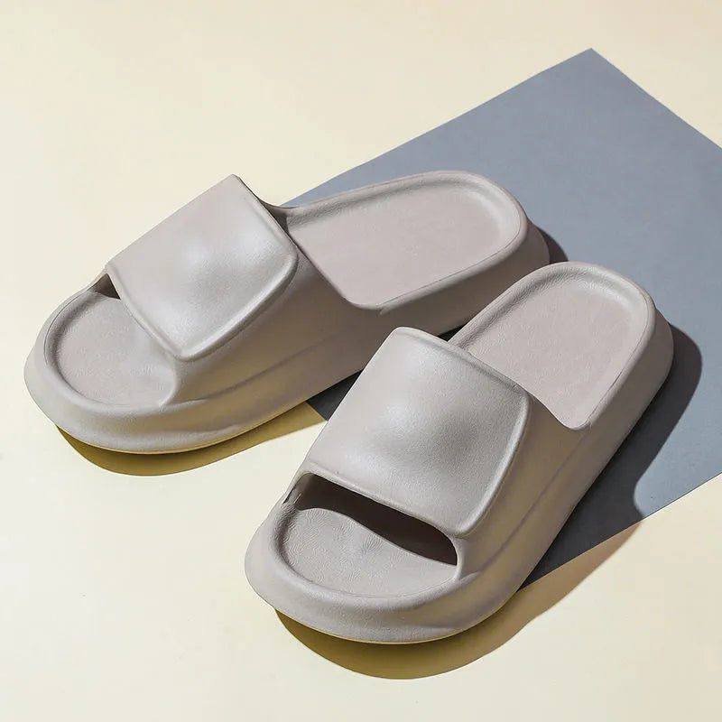 Thick-soled EVA flip-flop slippers in various colours on a white background.
