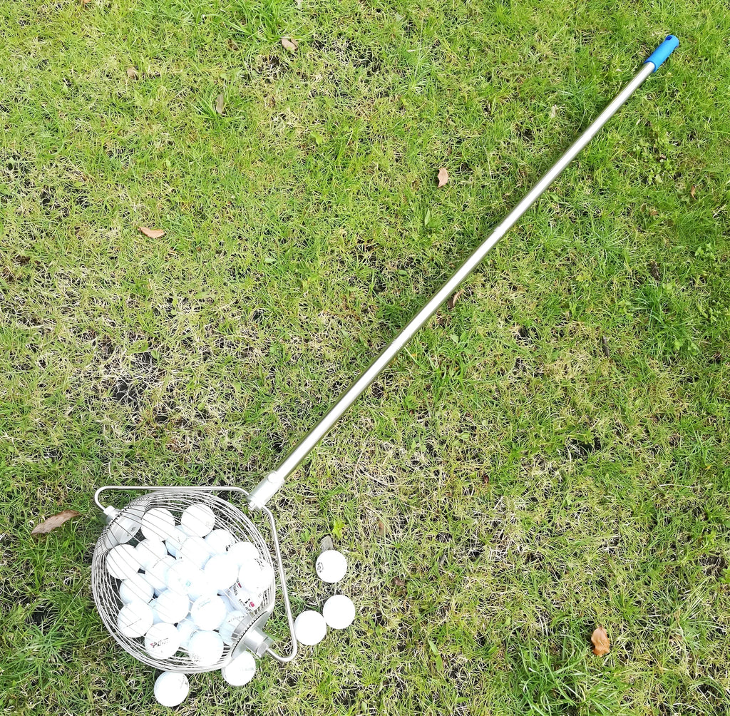 Stainless steel golf ball picker tool in metallic colour for retrieving balls from hazards.