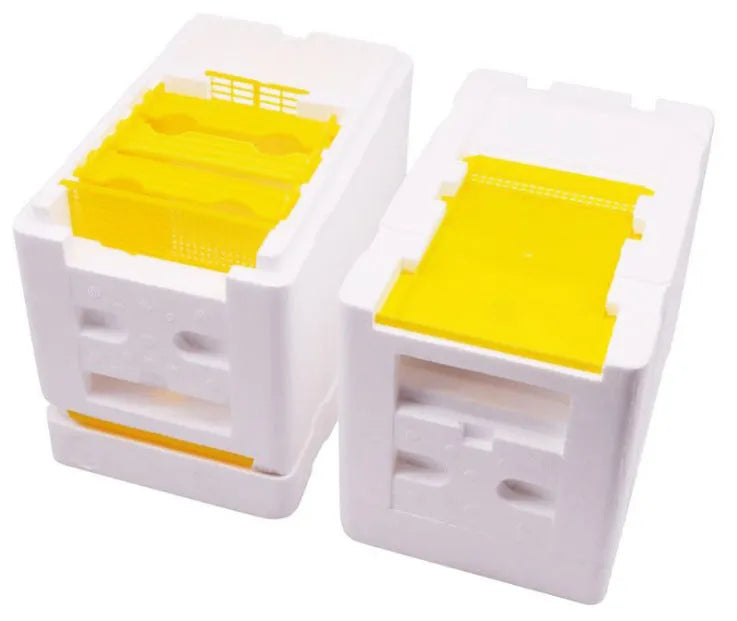 Three white EPS foam mini delivery boxes for beehive queen rearing.