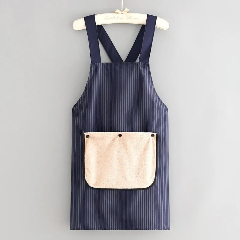 Waterproof polyester kitchen apron in free size showing colour options including black, dark blue, coffee and purplish blue