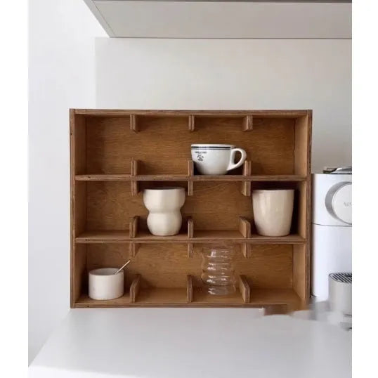 Solid wood square cup storage rack with multiple grid compartments in birch meridian colour