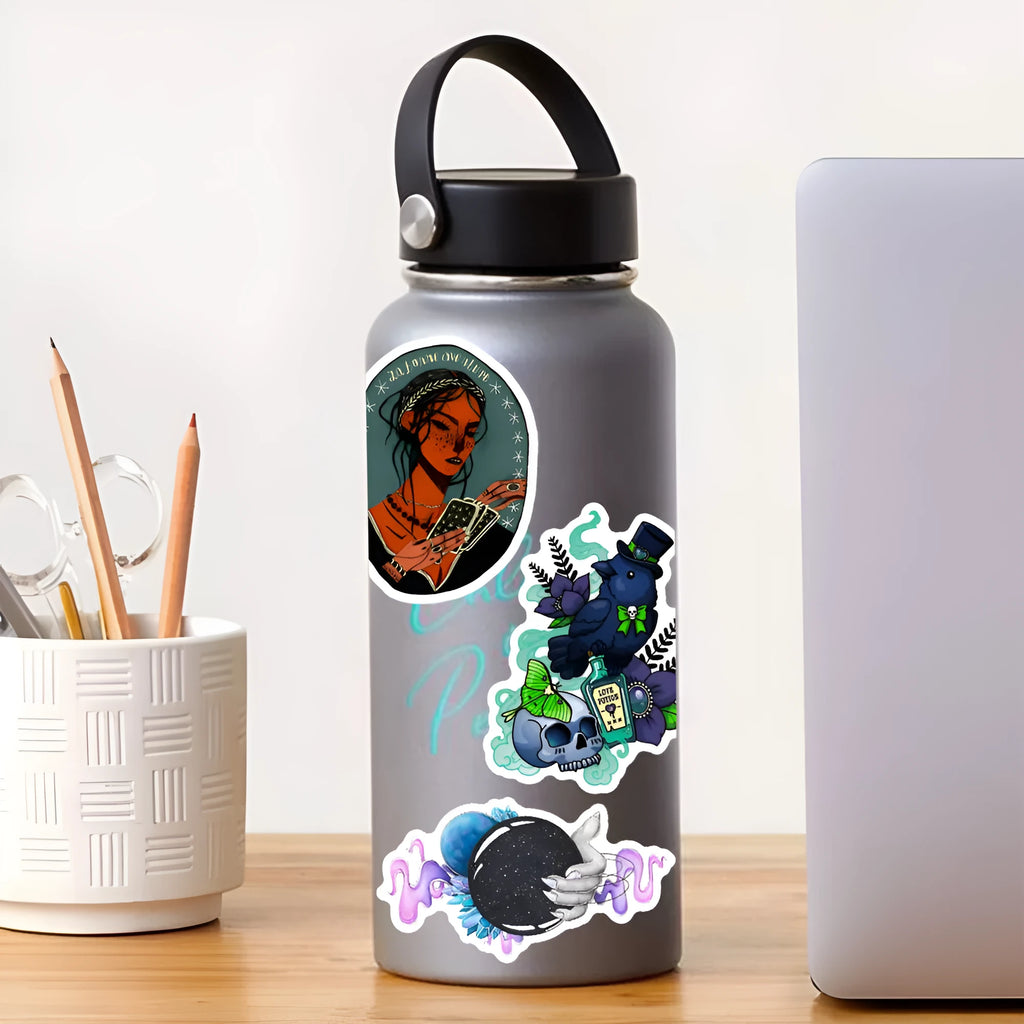 Fifty waterproof PVC stickers for laptops with glossy finish in 3-8cm sizes