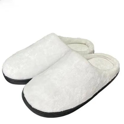 Customisable pattern printed cotton flannel slippers with a TPR sole on a wooden floor.