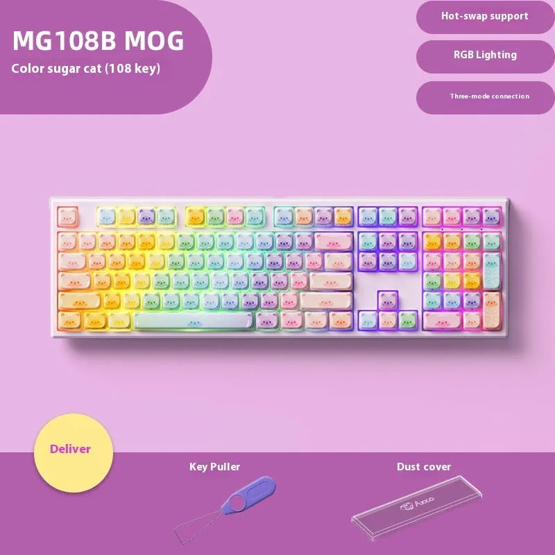 Bluetooth mechanical keyboard with sugar cat design in MG108B colours showing piano-style switches