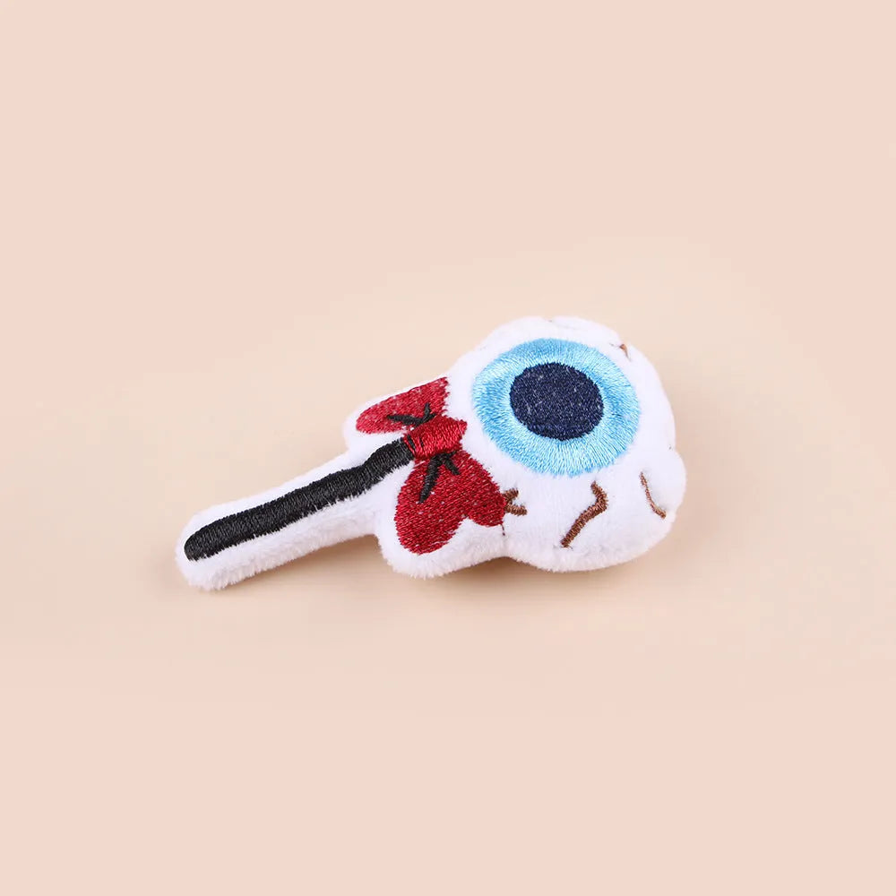 Plush cat teaser toy with long wand handle and small eyes design attachment