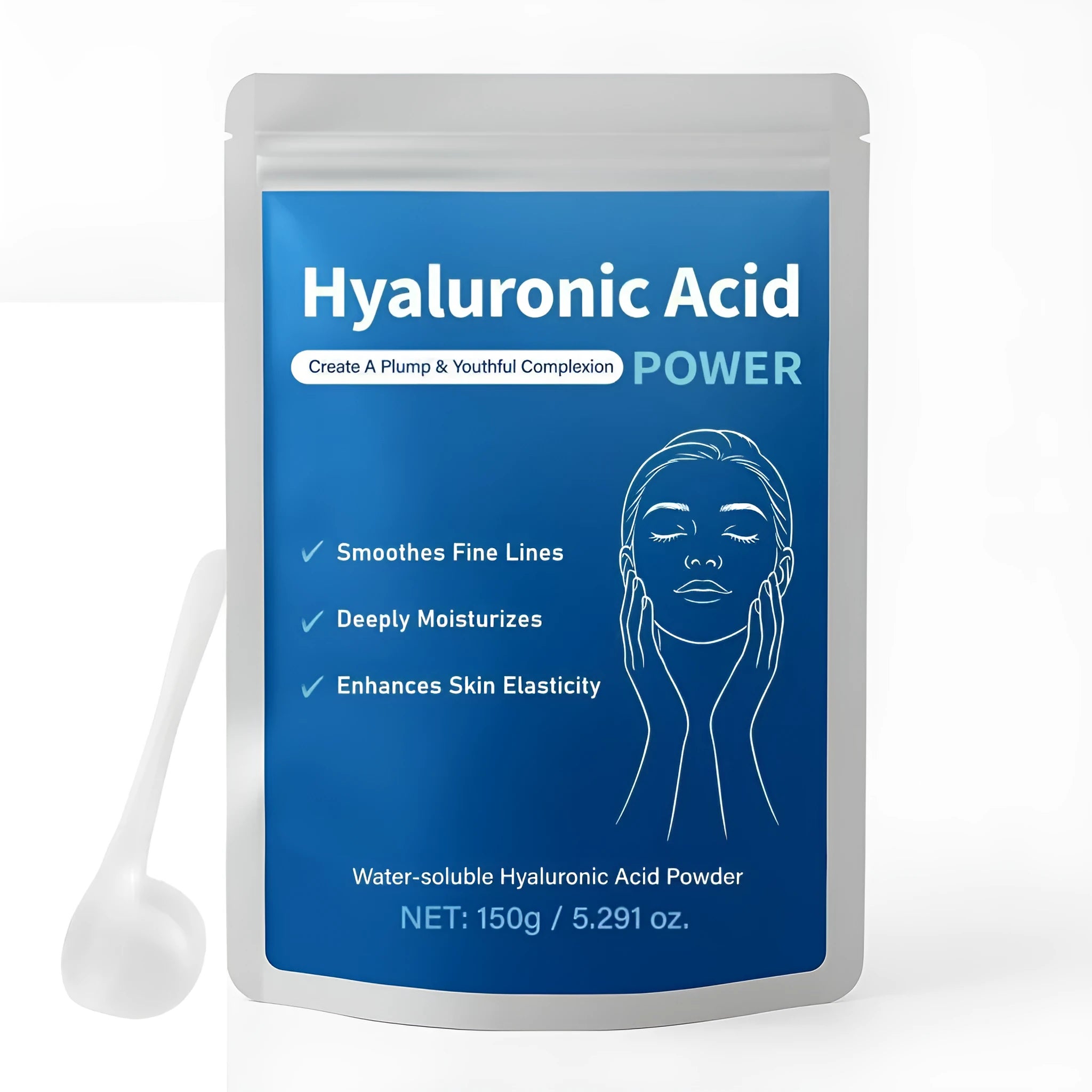 Hyaluronic acid powder supplement in a tub, 150G net content, for DIY skincare.