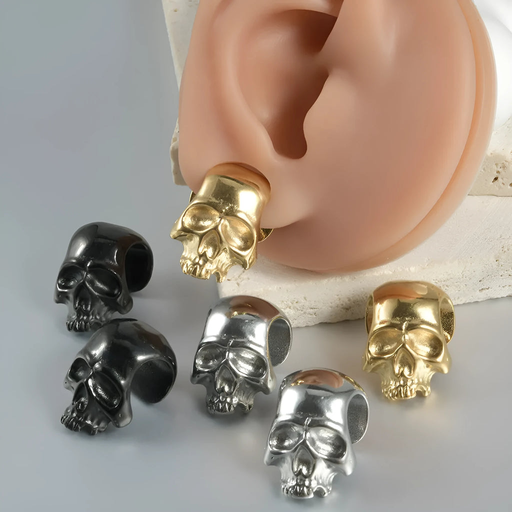 Stainless steel hollow skull Buddha earrings with geometric designs in four colour options