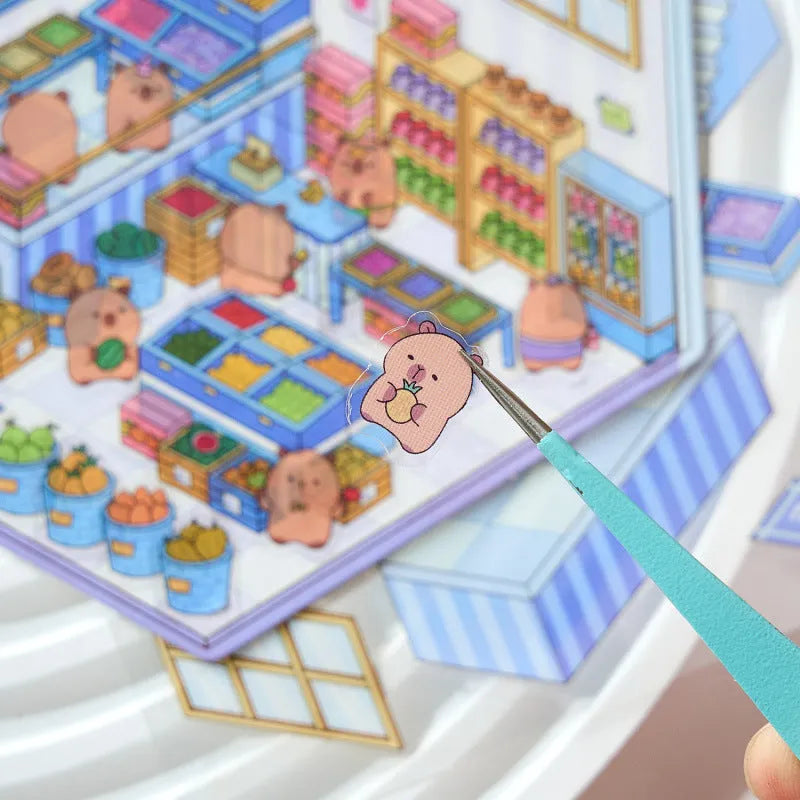 Capabala cut-free PET cartoon stickers showing eight different scene designs including a pink restaurant and a blue fruit shop