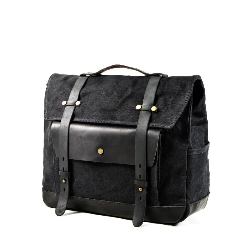 Camel Bag Knight cotton motorcycle helmet messenger bag with rivet details and internal organiser pockets.