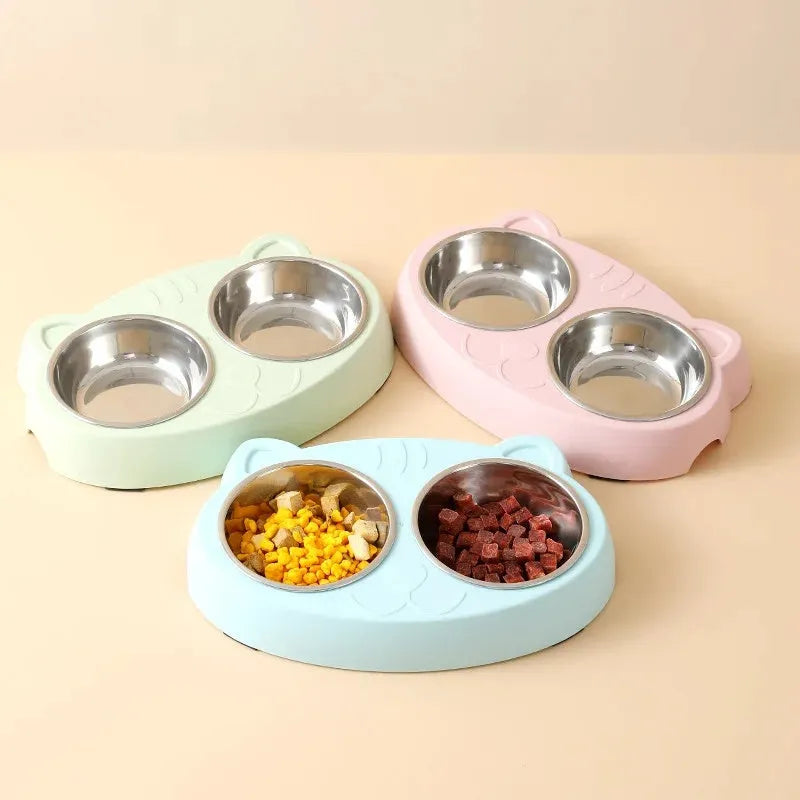 Blue plastic double bowl pet feeder with adjustable divider for cat and dog food and water
