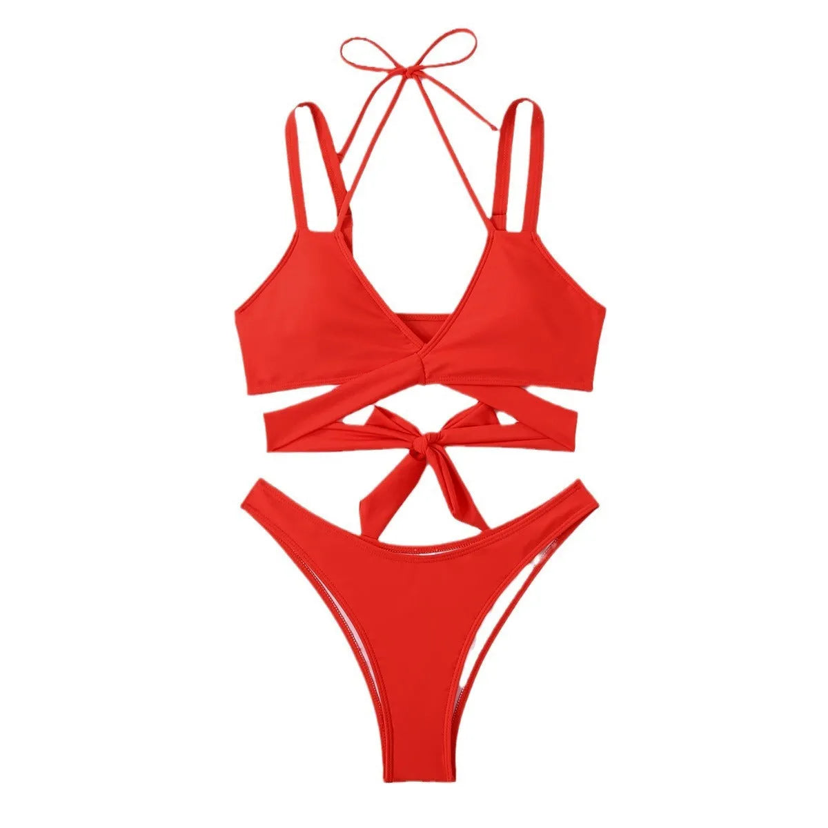 Women's solid colour strap bikini swimsuit on a white background.