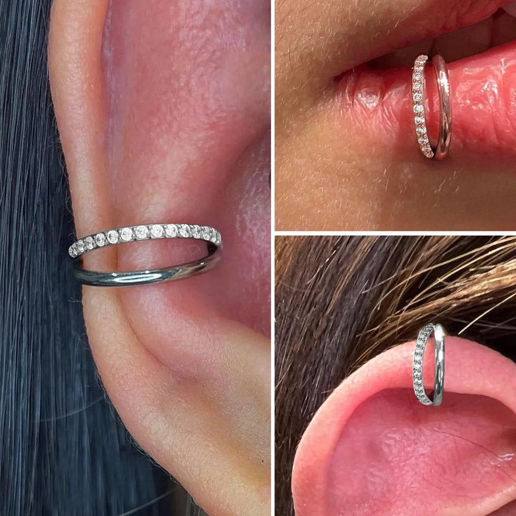 Titanium alloy fork nose ring for body piercing in silver, shown next to size options from 6mm to 12mm.