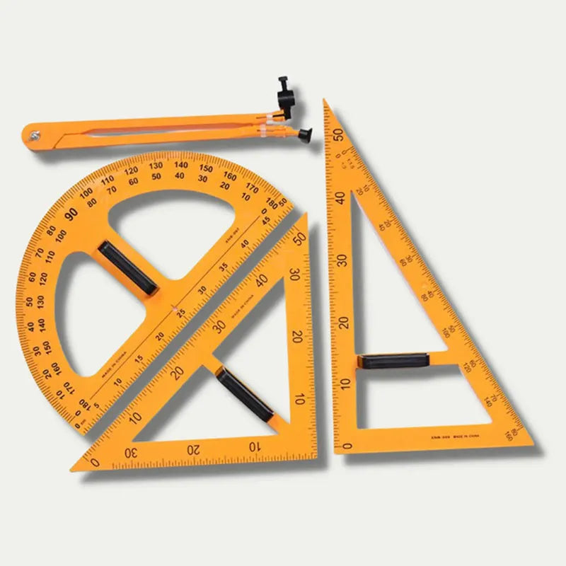 Orange and black mathematics teaching set with triangle rulers, protractor, and chalk compass