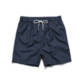 Polyester striped beach shorts with triangle lining in navy blue colour with straight leg openings