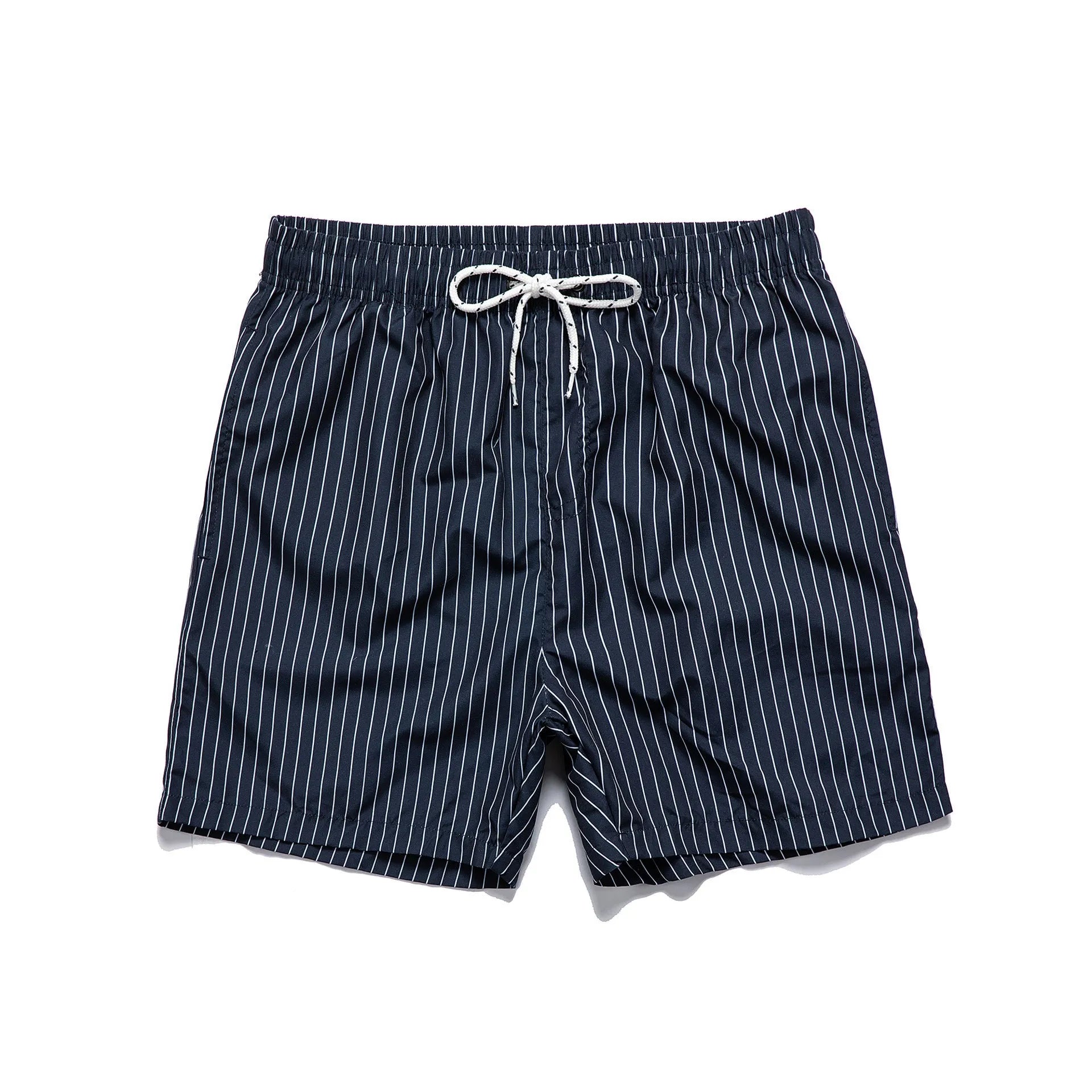 Polyester striped beach shorts with triangle lining in navy blue colour with straight leg openings