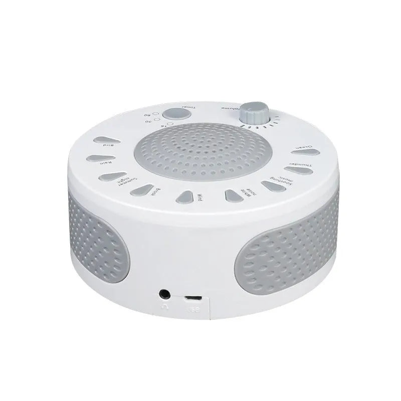 White electronic sleep aid device with nine sound options and timer controls